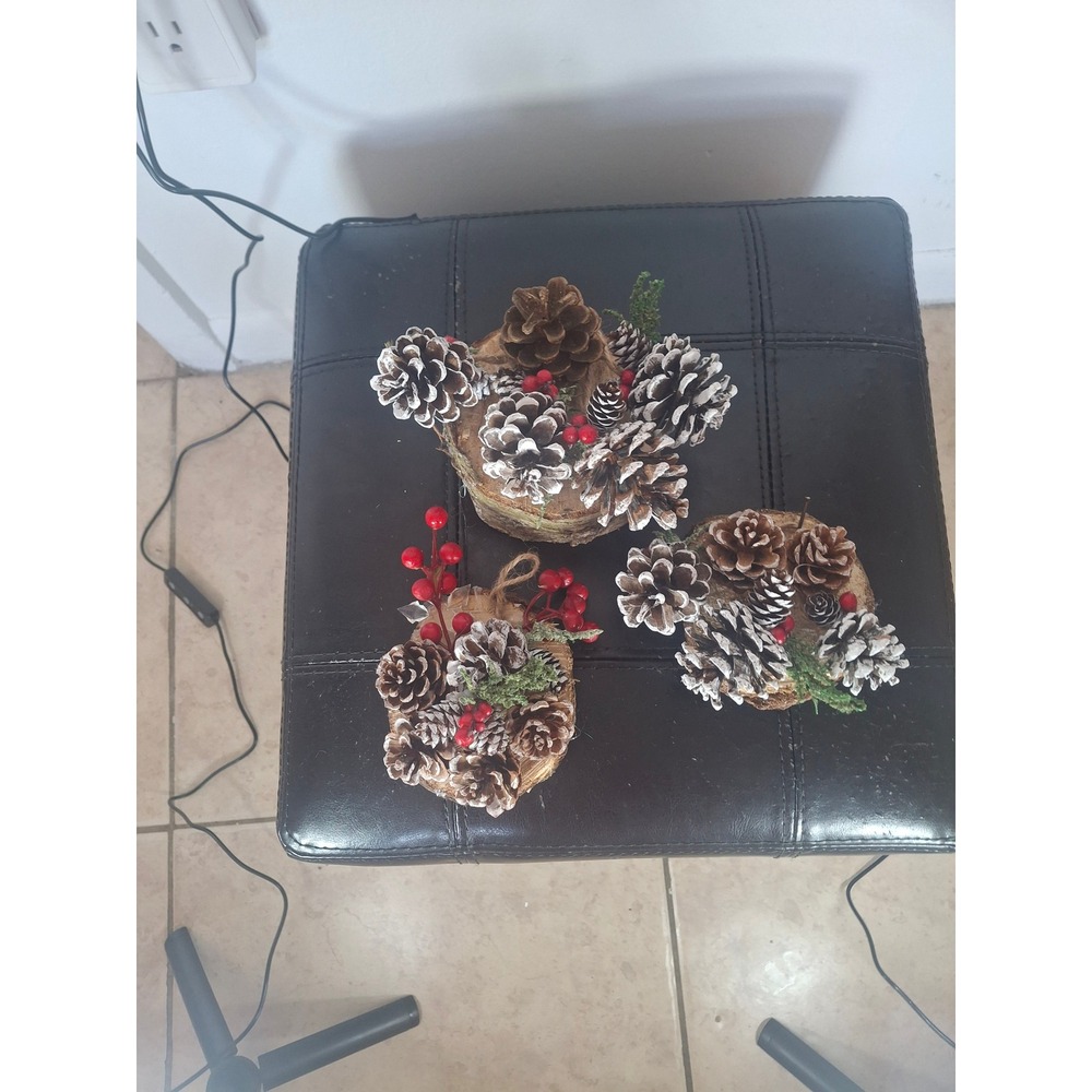 Set of 3 Rustic Christmas Pinecone Wood Slice Tabletop Decor Red Berries Snowy